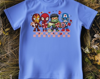 T-shirt Saint-Valentin Kawaii Avengers, Chibi Iron Man Spider-Man Hulk Captain America, t-shirt graphique amour super-héros mignon, design cadeau Marvel pour enfants