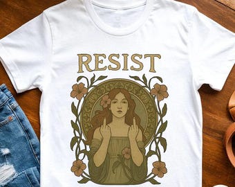 Camiseta Art Nouveau Resist, camiseta de empoderamiento feminista, top gráfico estilo Alphonse Mucha, camiseta estética para mujer, camiseta con estampado floral en el dedo medio