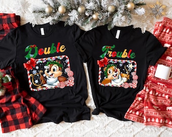 Cute Double Trouble Chipmunks Christmas Shirt, Funny Holiday Tee, Festive Couple Gift, Merry Xmas Party T-Shirt, Winter Outfit