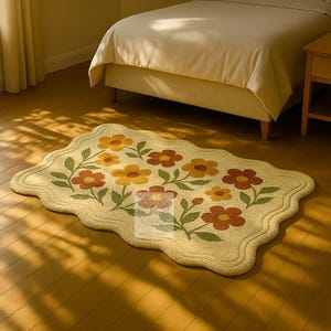 Vintage Floral Tufted Rug Wavy Edge Handmade Rug Yellow & Rust Flower Carpet for  7X10 8X10 9X12 Bedroom Entryway or Cottage Décor