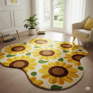 Sunflower Shaped Tufted Rug Handmade Floral Area Carpet in Yellow & Green Boho Flower Rug for Kids Room 5x7 6x9 Living Room or Nursery Décor