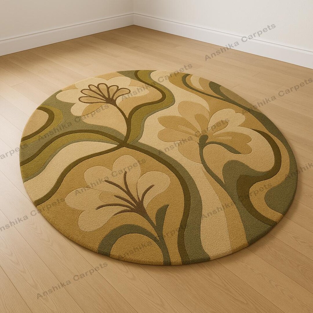 Hand Tufted Wool Round Rug, Beige & Green Floral Carpet - Etsy