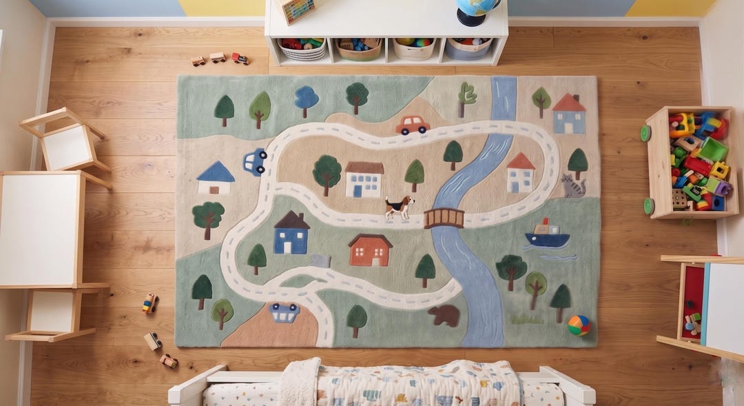 Hand Tufted Kids Play Rug, Road Map Nursery Rug, Wool Playroom Carpet ...