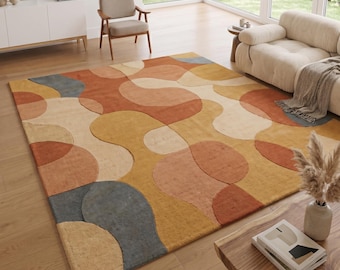 Modern Hand Tufted Wool Rug, Abstract Geometric Area Rug, Living Room Carpet, Beige Mustard Rust Rug, Contemporary Handmade Floor Rug.