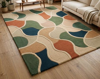 Handmade Tufted Wool Area Rug, Earth Tone Geometric Wavy Pattern