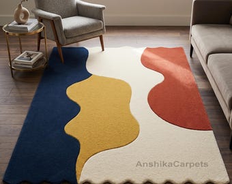 Hand Tufted Abstract Wavy Rug, Modern Geometric Living Room Floor Décor
