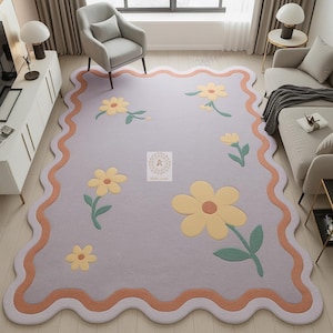 Pastel Flower Tufted Rug Handmade Lilac Wavy Border Carpet with Yellow Floral Design Cute Kids Room Rug, Nursery Area Rug, or Playroom Décor
