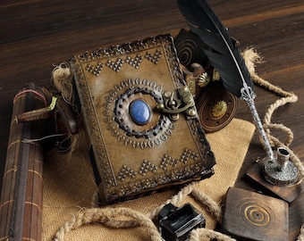 Embossed Vintage Leather Journal with Lapis Lazuli Stone Book of Shadows Grimoire Handmade Sketchbook Wiccan Spell Book Gift Lock Artbook