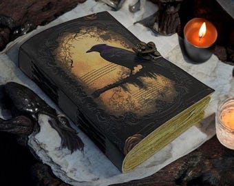 Leather Journal Gothic Notebook The Raven Grimoire Print - Vintage Handamde Journal Book of Shadows Witchcrafts Journal Gifts for Men