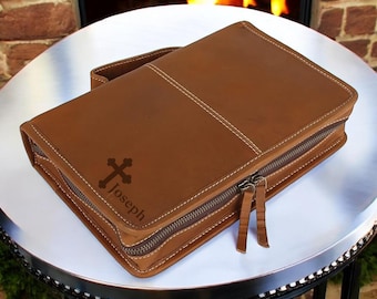 Customized Rustic Leather Bible Cover with Handle | Personalized Goat Leather Zippered Bible Tote Bag Handmade Christian Gift for Him Her