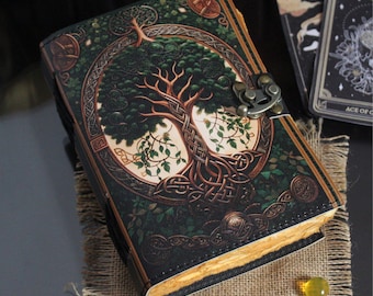 400 Page Large Grimoire Vintage leather journal, Tree of Life Fat Journal, Blank spell book of shadows Celestial Gifts For Him Her