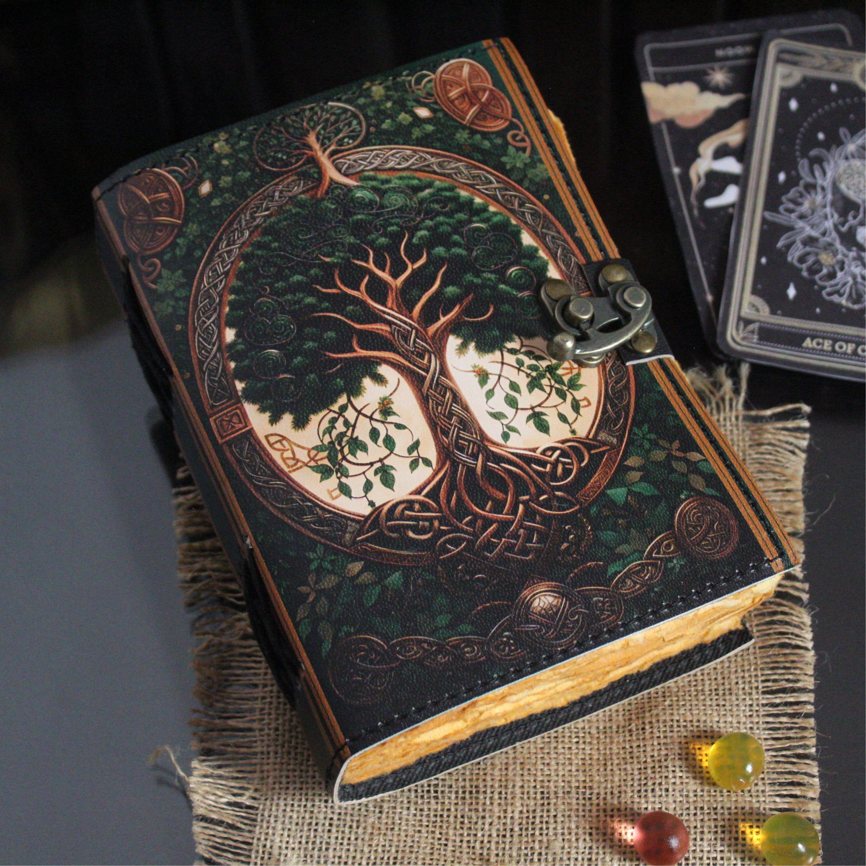 400 Page Large Grimoire Vintage leather journal, Tree of Life Fat Journal, Blank spell book of shadows Celestial Gifts For Him Her