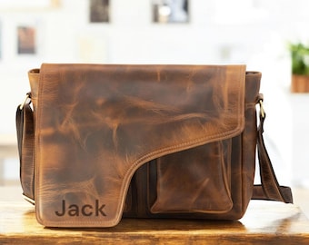 Personalized 16&quot; Leather Briefcase for Men Women | Buffalo Leather Messenger Bag | Laptop Shoulder Satchel | Custom Gift | Office Work Bag