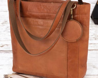 Personalized Leather Tote Bag Women • Large Laptop Work Purse • Full Grain Shoulder Shopper Bag with Crossbody Strap • Custom Gift for Her