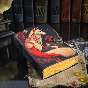 Diario vintage in pelle fatto a mano con volpe di 400 pagine, Grimoire, diario grasso, libro degli incantesimi vuoto delle ombre, regali celestiali di Natale per lui e lei