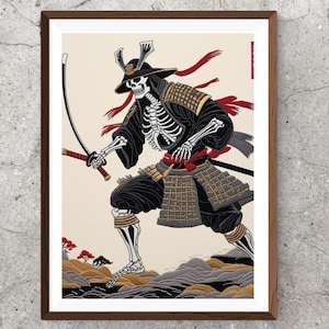 May include: Framed art print featuring a skeletal samurai warrior in black armor, wielding a katana. The artwork has red accents and is set against a beige background with stylized landscape elements. The frame is brown.