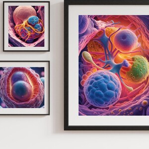 Könnte beinhalten: Drei gerahmte Kunstdrucke mit detaillierten, farbenfrohen Illustrationen von biologischen Zellen. Die Bilder zeigen lebendige Farbtöne von Blau, Orange, Rosa und Grün und zeigen komplizierte Zellstrukturen. Die Drucke werden vor einer weißen Wand ausgestellt.