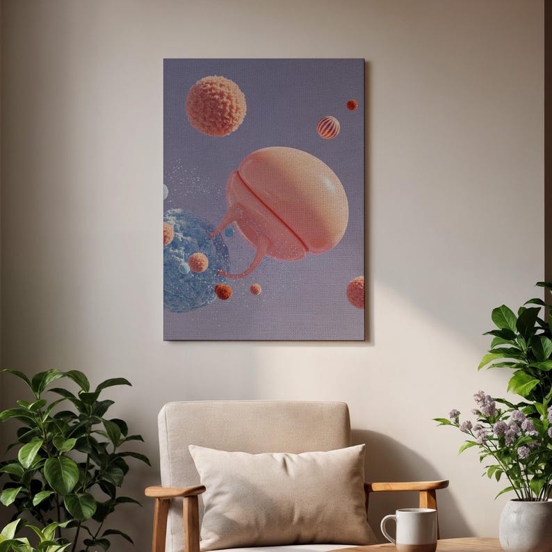 Framed Abstract Planet Art Canvas Wall Print Surreal Jelly Orb Floating Space Design for Kitchen Office or Modern Minimalist Decor