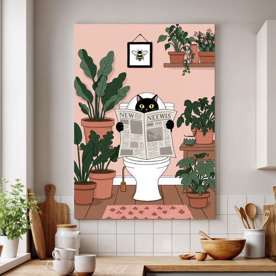 Funny Black Cat Wall Art, Whimsical Bathroom Canvas Print with Plants Decor