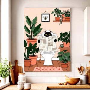 Funny Black Cat Bathroom Canvas Wall Art Framed, Cat on Toilet Print, Whimsical Plant Decor for Bathroom or Gift for Cat and Plant Lovers