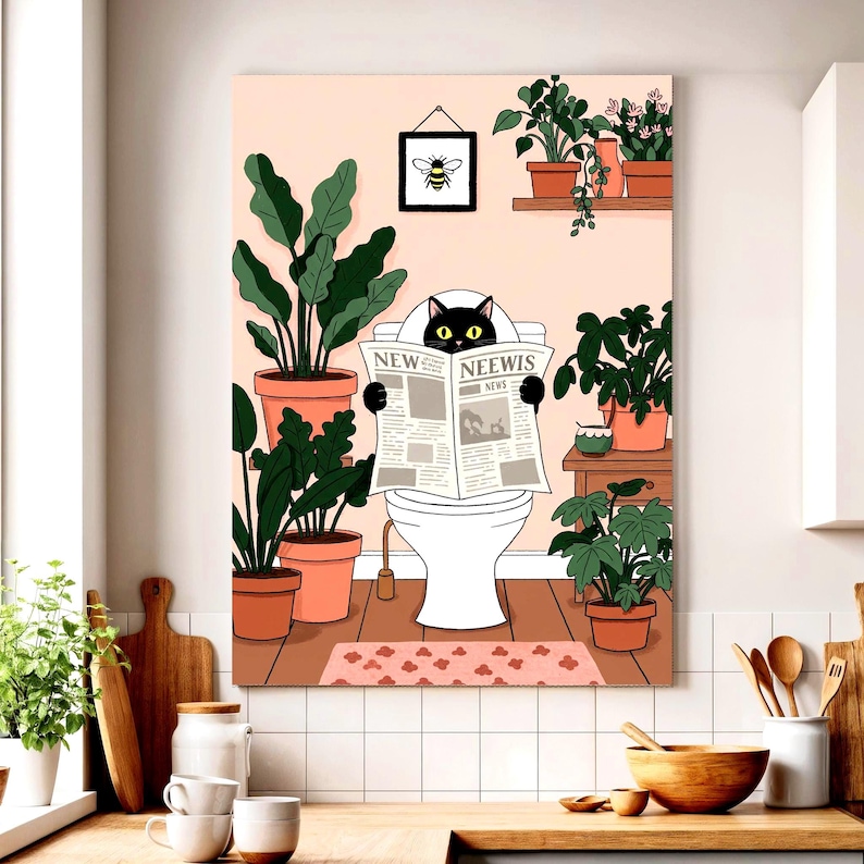 Funny Black Cat Bathroom Canvas Wall Art Framed, Cat on Toilet Print, Whimsical Plant Decor for Bathroom or Gift for Cat and Plant Lovers