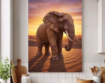 Mandala Elephant Framed Canvas Art, Boho Sunset Print