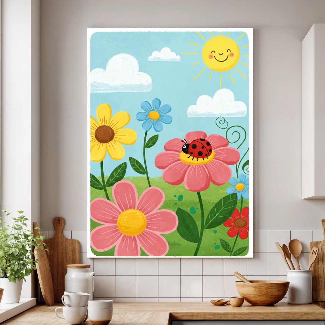 Framed Ladybug and Flowers Canvas Wall Art, Cute Colorful Nursery Print ...