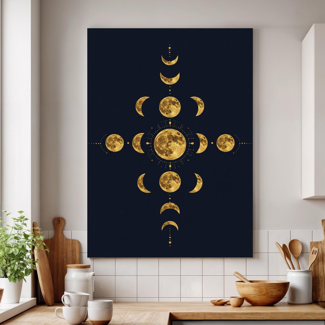 Gold Moon Phases Wall Art, Celestial Boho Canvas Print for Mystic Home ...