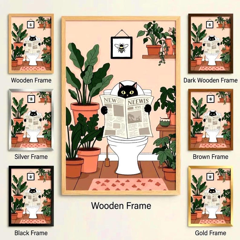 May include: Framed art print featuring a black cat reading a newspaper on a toilet, surrounded by potted plants. The print is available in various frame colors, including wooden, silver, black, dark wooden, brown, and gold.
