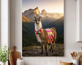 Colorful Llama Framed Canvas Art: Andean Textile Decor