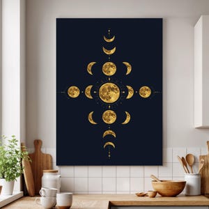 Framed Moon Phases Canvas Art: Gold Celestial Boho Wall Decor
