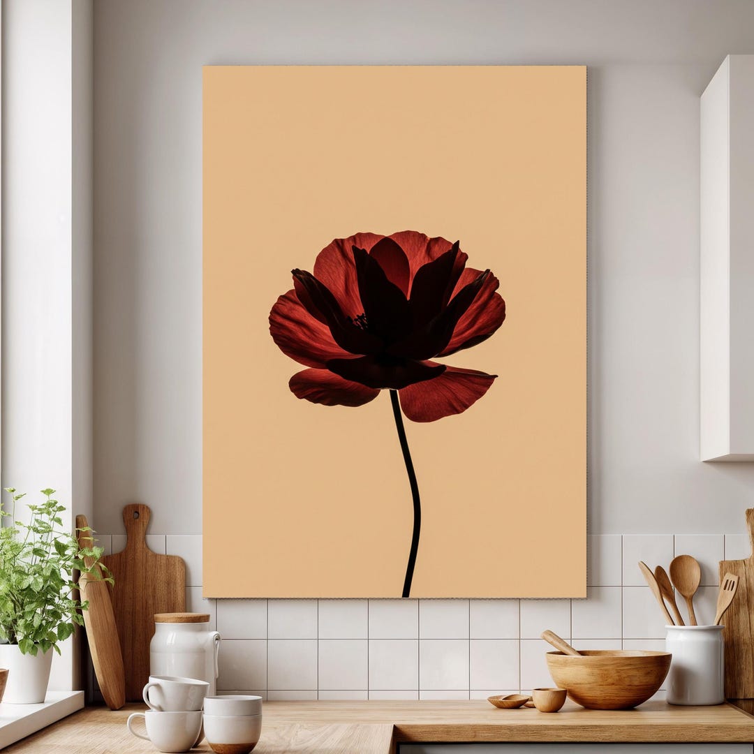 Red Poppy Canvas Wall Art Framed, Bold Minimalist Floral Print on Beige ...
