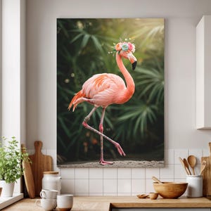 Framed Flamingo Canvas Art: Tropical Flower Crown Bird Print