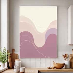 Minimalist Framed Canvas Wall Art in Blush and Lavender, Abstract Wave Print with Soft Neutral Tones, Feminine Modern Decor Gift for Her