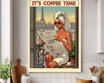 Paris Balkon Leinwand Kunst, Kaffeezeit Frau, Blick auf den Eiffelturm