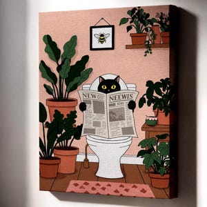 Funny Black Cat Bathroom Canvas Wall Art Framed, Cat on Toilet Print, Whimsical Plant Decor for Bathroom or Gift for Cat and Plant Lovers