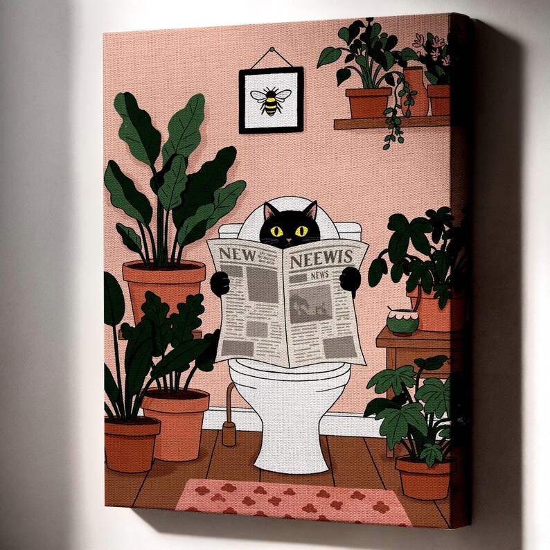 Funny Black Cat Bathroom Canvas Wall Art Framed, Cat on Toilet Print, Whimsical Plant Decor for Bathroom or Gift for Cat and Plant Lovers
