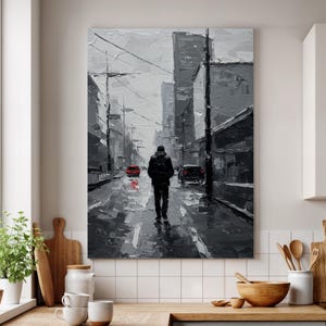 Rainy City Street Canvas Art: Moody Urban Nightscape Print