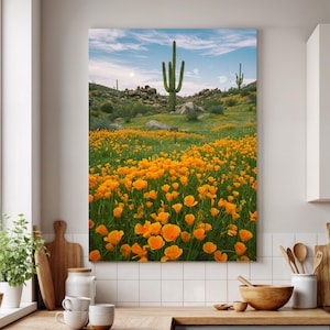 Wüste Wildblumen Leinwand Wand Kunst, Kaktus und orange Mohnfeld Druck, südwestliche Natur Landschaft Dekor, Geschenk für Naturliebhaber