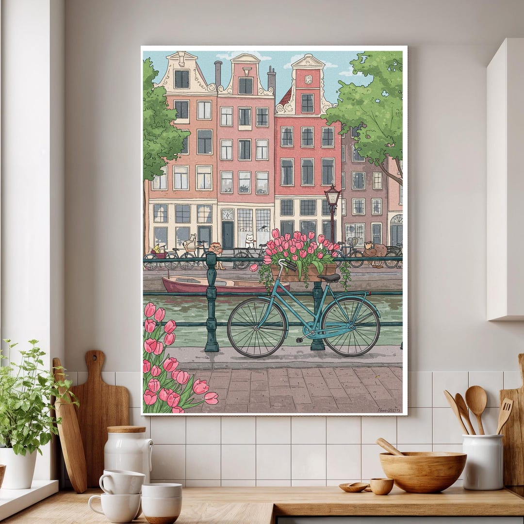 Amsterdam Canal Bike Framed Canvas Art, Dutch Tulip Print - Etsy