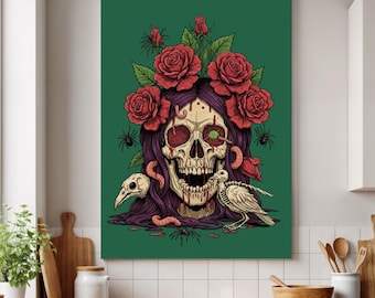 Cuadro gótico enmarcado con calaveras, rosas, ilustración floral oscura, pájaros y arañas, decoración de Halloween para pared.