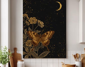 Mystic Gold Butterfly Canvas Art - Celestial Botanical Night Sky Print with Moon - Dark Floral Wall Decor Framed