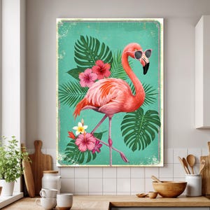 Flamingo Canvas Wall Art Framed, Tropical Bird with Flowers Print, Retro Beach Decor, Fun Summer Gift for Animal and Nature Lovers