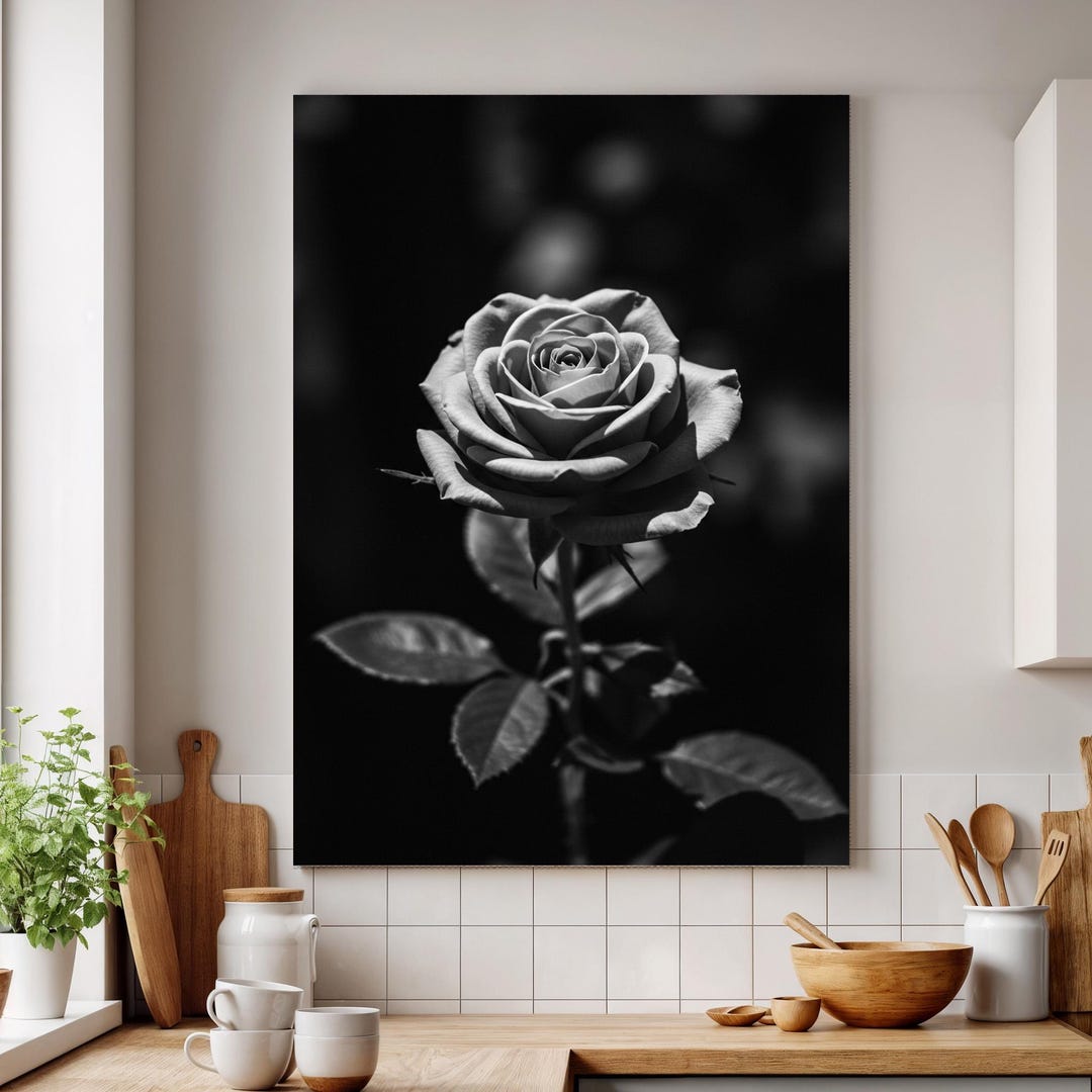Black and White Rose Canvas Wall Art Framed, Monochrome Single Bloom ...