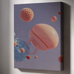 Framed Abstract Planet Art Canvas Wall Print Surreal Jelly Orb Floating Space Design for Kitchen Office or Modern Minimalist Decor
