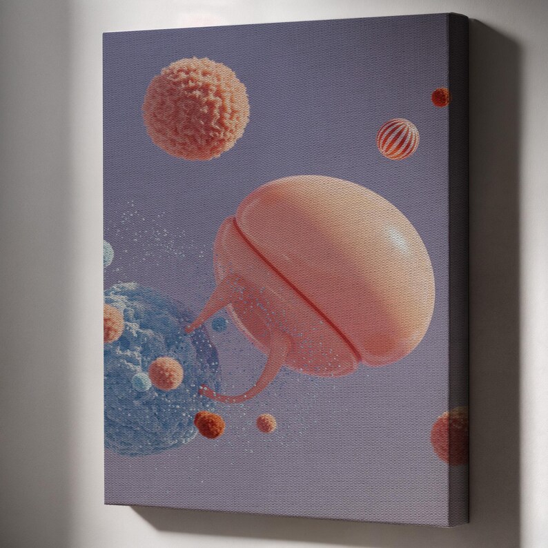 Framed Abstract Planet Art Canvas Wall Print Surreal Jelly Orb Floating Space Design for Kitchen Office or Modern Minimalist Decor