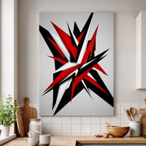 May include: Abstract geometric canvas art featuring a dynamic composition of sharp, angular shapes. The artwork uses a bold color palette of red, black, and white against a light gray background. The design creates a sense of movement and energy, suitable for modern decor.