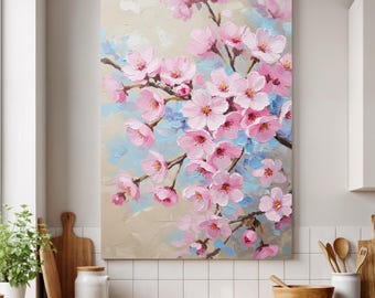 額装されたピンクの桜のキャンバスアートプリント：パステルカラーの桜の花の壁飾り（寝室やリビングルームに最適）