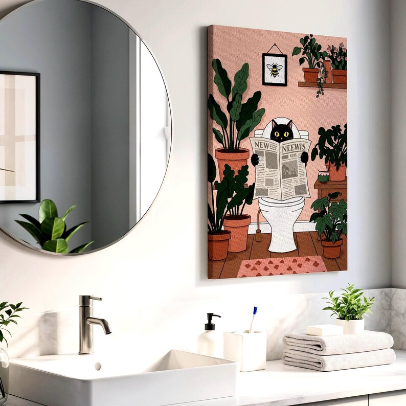Funny Black Cat Bathroom Canvas Wall Art Framed, Cat on Toilet Print, Whimsical Plant Decor for Bathroom or Gift for Cat and Plant Lovers