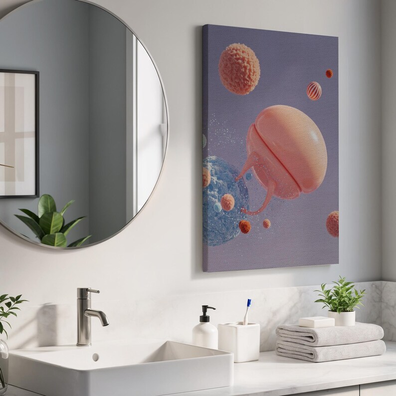 Framed Abstract Planet Art Canvas Wall Print Surreal Jelly Orb Floating Space Design for Kitchen Office or Modern Minimalist Decor